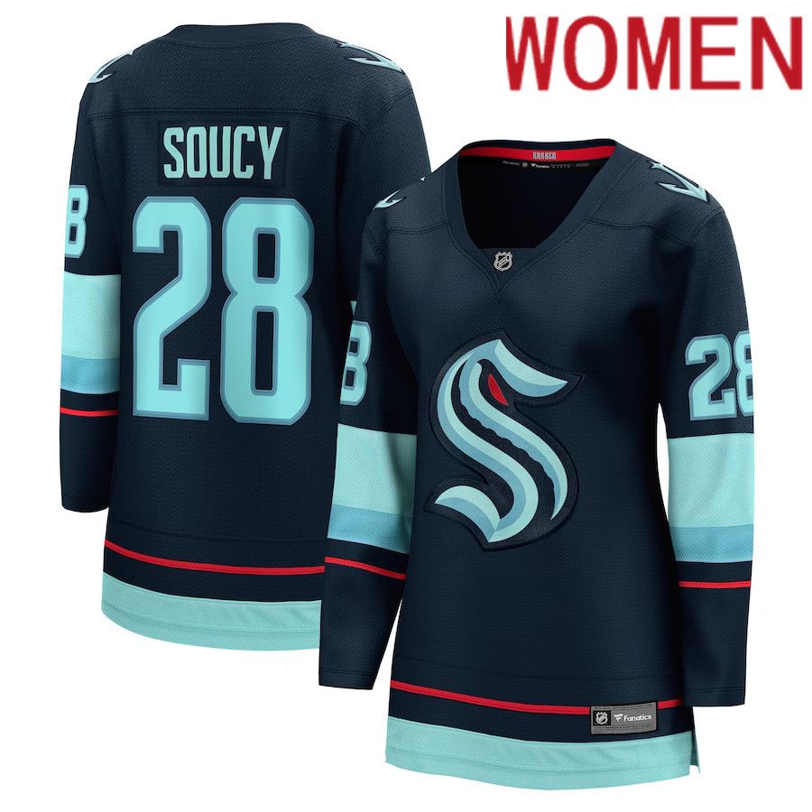 Women Seattle Kraken #28 Carson Soucy Fanatics Branded Deep Sea Blue Home Breakaway Player NHL Jersey